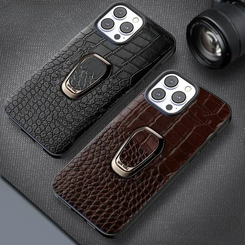 Genuine Cowhide Leather Bracket Phone Case For iPhone 15 14 13 12 11 Pro Max XR XS Max SE 2022 7 8 Plus Back Cover with Ring Pinnacle Luxuries