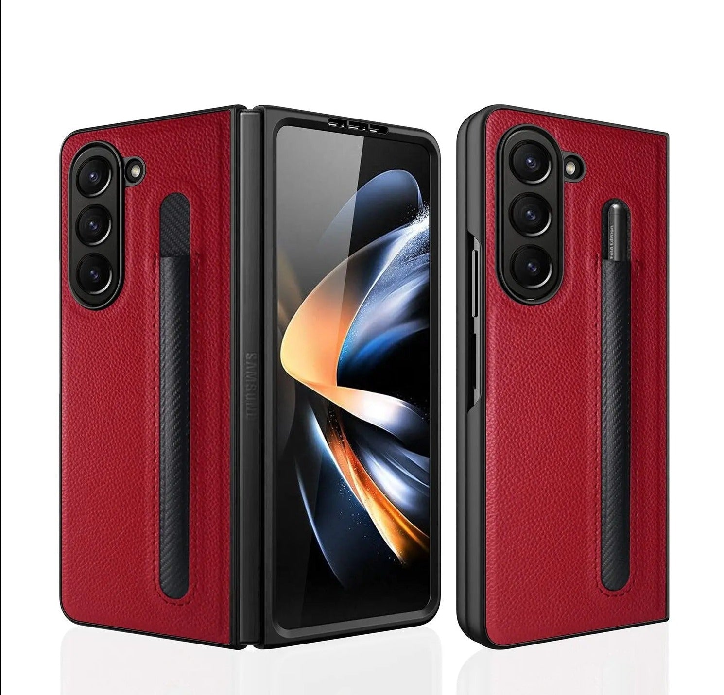 For Samsung Galaxy Z Fold 5 Lychee Leather Case Business with S-Pen Slot & Built-in Tempered Glass Folding Protection Cover Pinnacle Luxuries